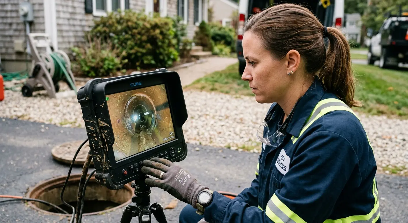 Technician reviewing sewer camera inspection footage in Los Altos