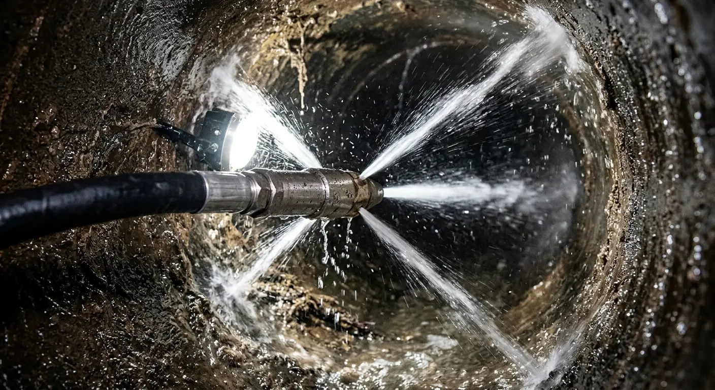 High-pressure hydro jetting nozzle cleaning sewer pipe for Emergency Drain Service in Los Altos