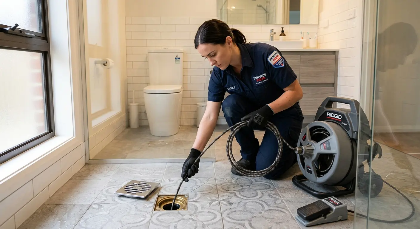 Technician clearing a bathroom floor drain for Drain Cleaning in Los Altos